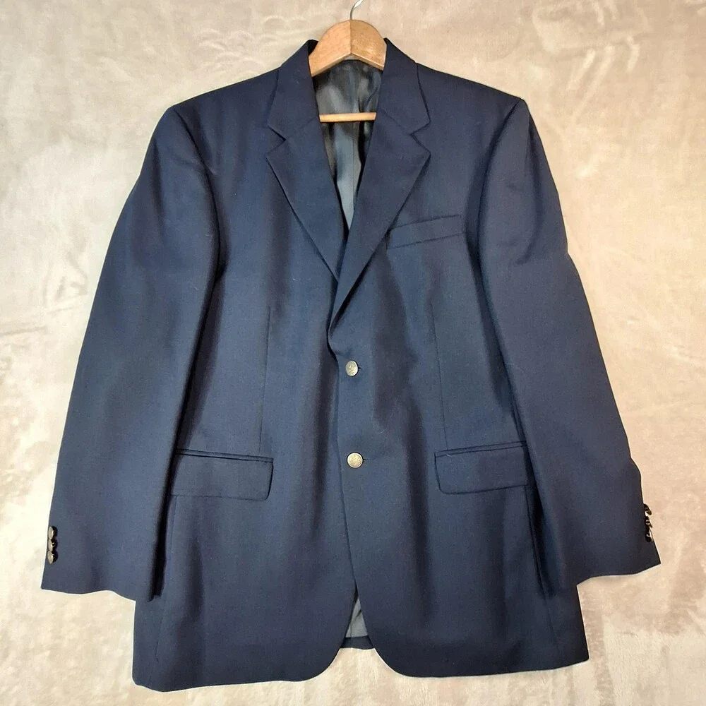 Oscar De La Renta Blazer Mens 46 Regular Blue Ventless 2 Button Gold Buttons